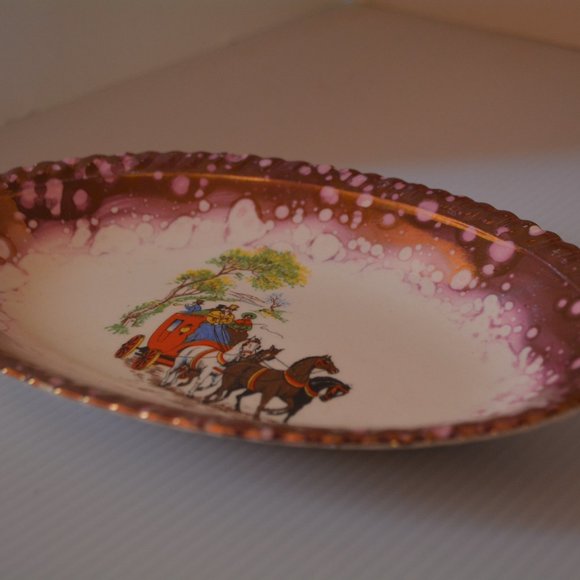 Gray's Pottery Lusterware Plate Dish Oval Stoke On Trent England Horse Carriage - Picture 8 of 9